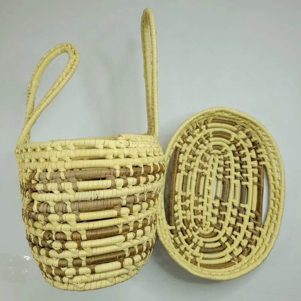 Wrapped Straw Basket Coiled Large Lid Handles Approx 11” X 11” Boho